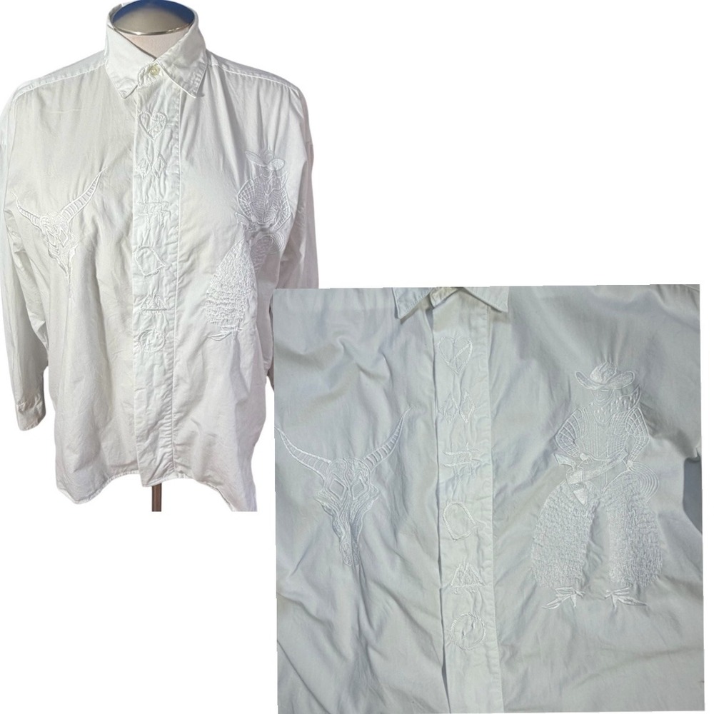 Cedars Vintage White Cotton Western Embroidered Cowboy Steer Skull Shirt Large